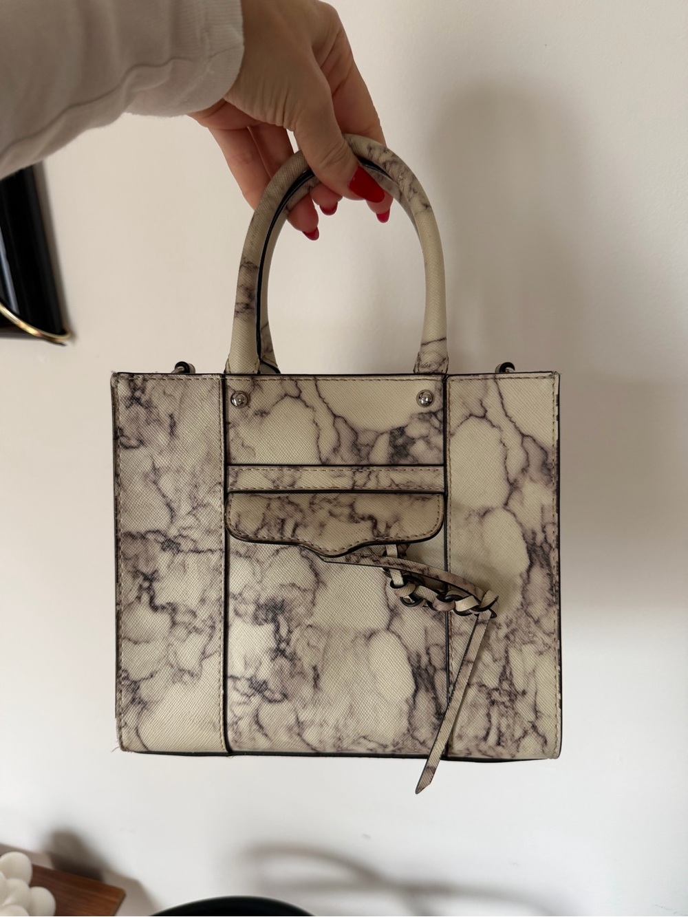 Rebecca Minkoff Marble-Print Structured Tote Bag in Cream and Gray